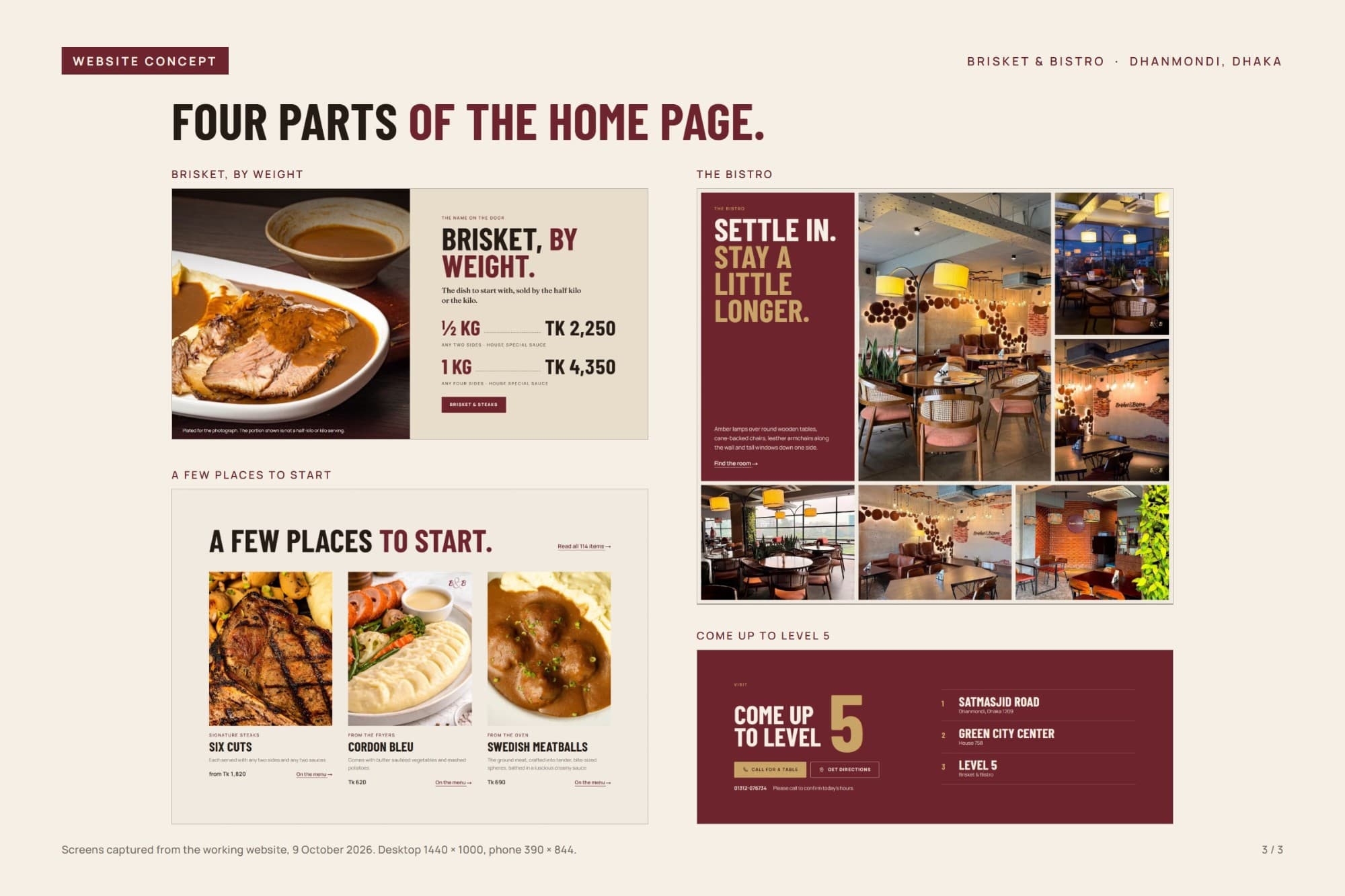 Presentation board: four parts of the Brisket & Bistro home page, brisket by weight, three dishes to start with, the bistro photos and the way up to Level 5.