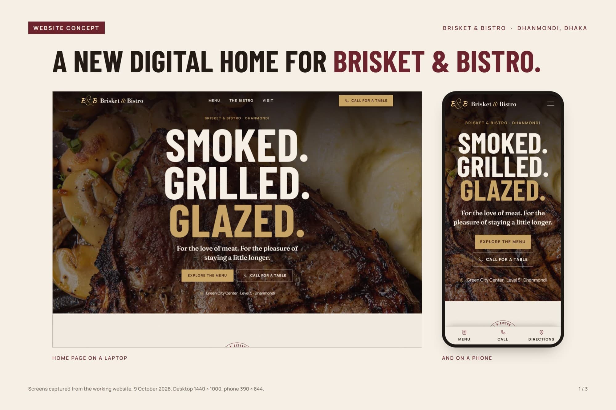 Presentation board: the Brisket & Bistro home page on a laptop and on a phone, headed “Smoked. Grilled. Glazed.”