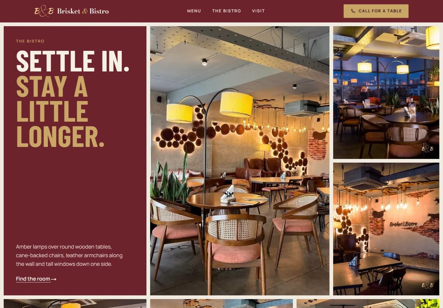 Brisket & Bistro section “Settle in. Stay a little longer.” beside photographs of the dining room.