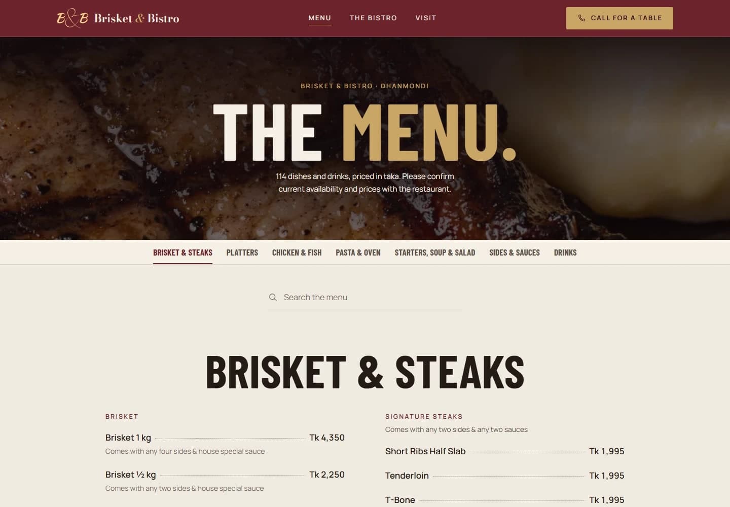 Brisket & Bistro menu page with category tabs, a search field and the brisket and steaks list.