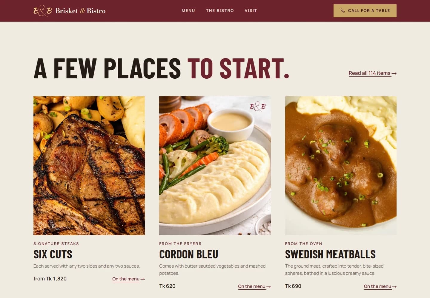 Brisket & Bistro home page section “A few places to start” with three dishes and their prices.