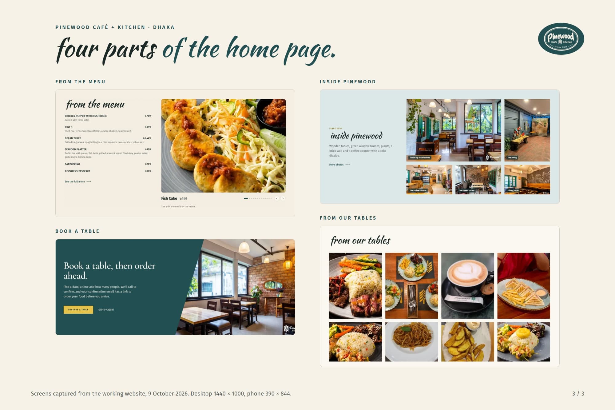 Presentation board: four sections of the Pinewood home page, the menu preview, the room photos, a food gallery and the booking banner.
