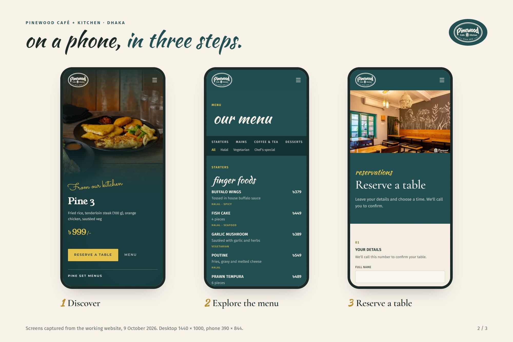 Presentation board: three phone screens from Pinewood, the home page, the menu and the reservation form.