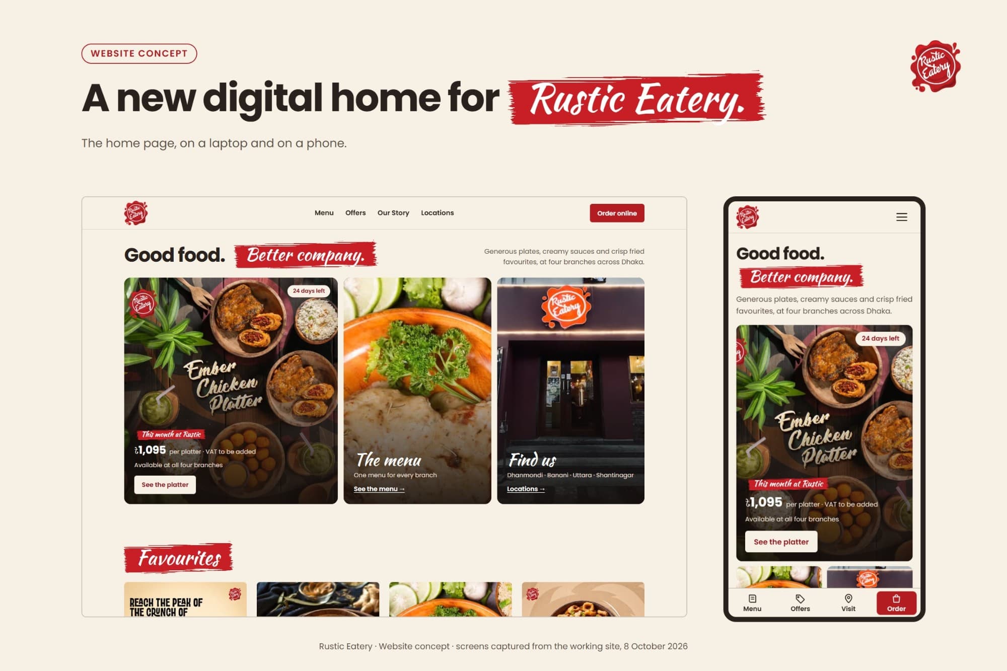 Presentation board: the Rustic Eatery home page on a laptop and on a phone, headed “Good food. Better company.”