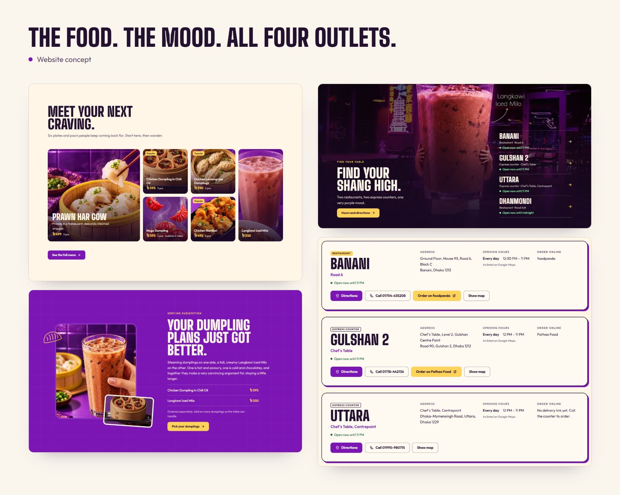 Presentation board: sections of the Shang High site, six dishes to start with, the outlet list, a serving suggestion and three outlet cards.