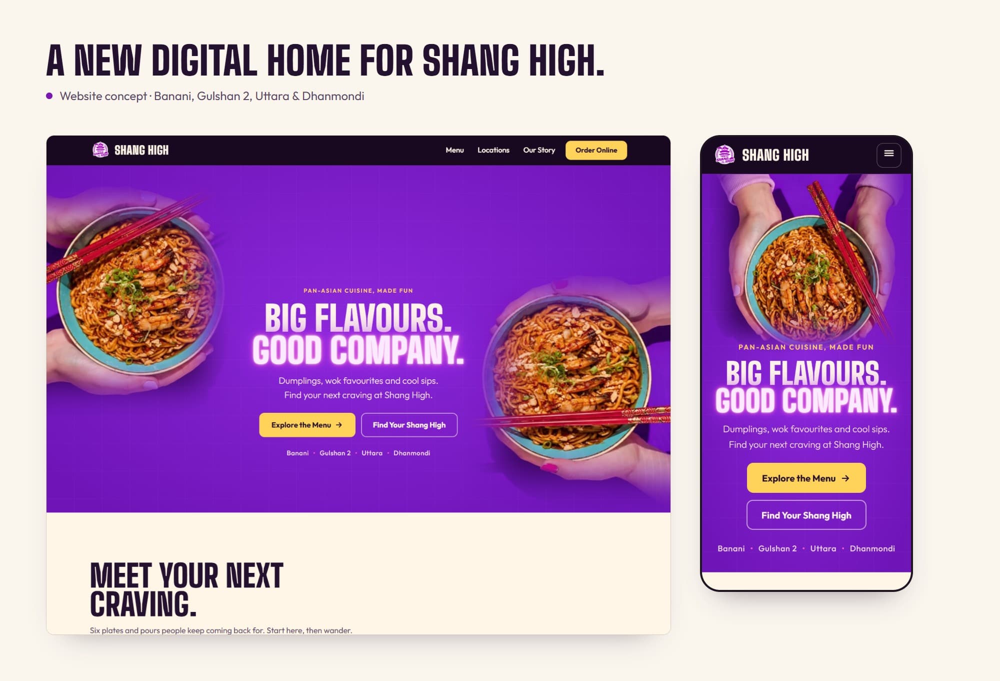Presentation board: the Shang High home page on a laptop and on a phone, headed “Big flavours. Good company.” on purple.