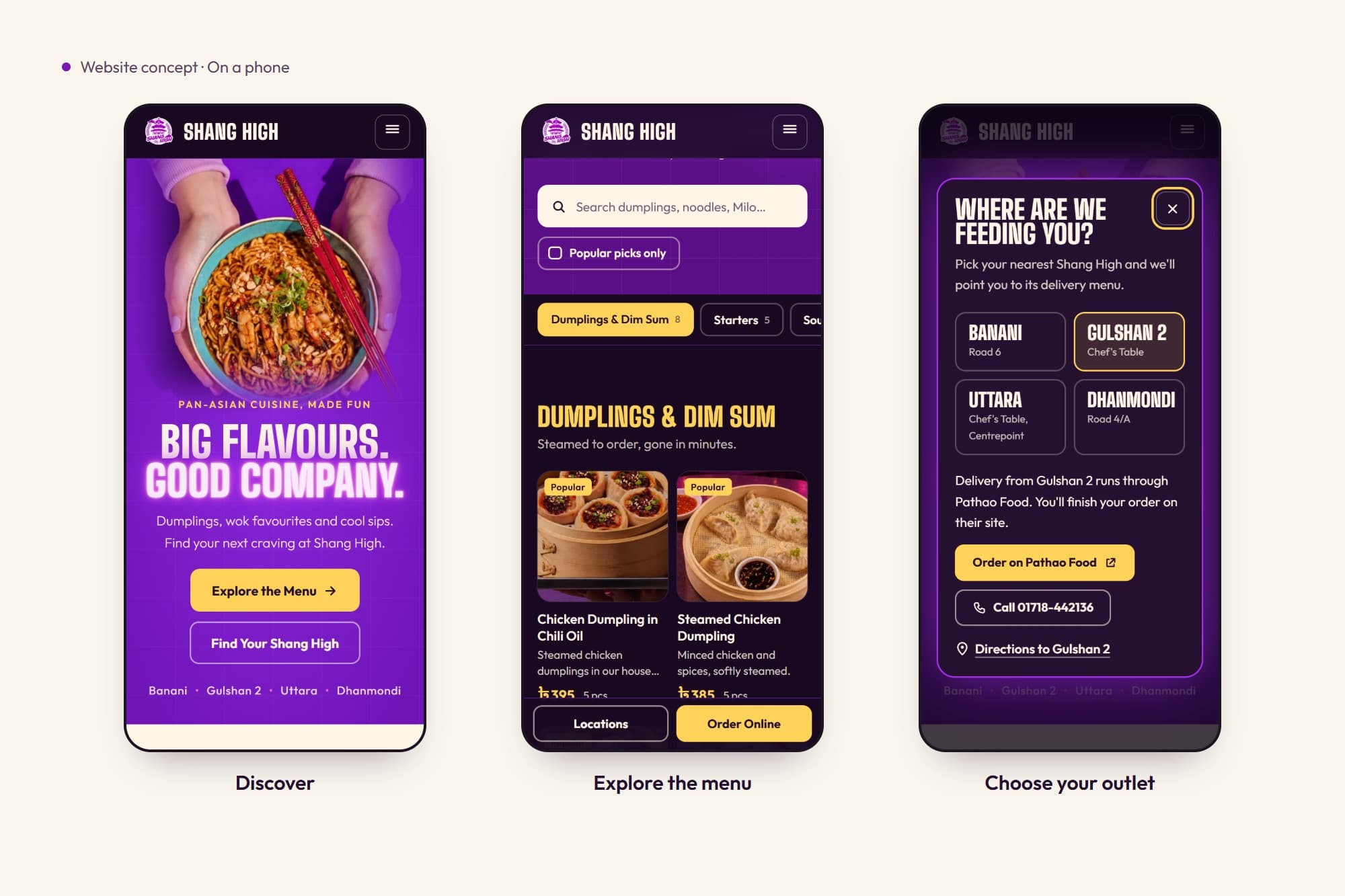 Presentation board: three phone screens from Shang High, the home page, the menu and the outlet picker.