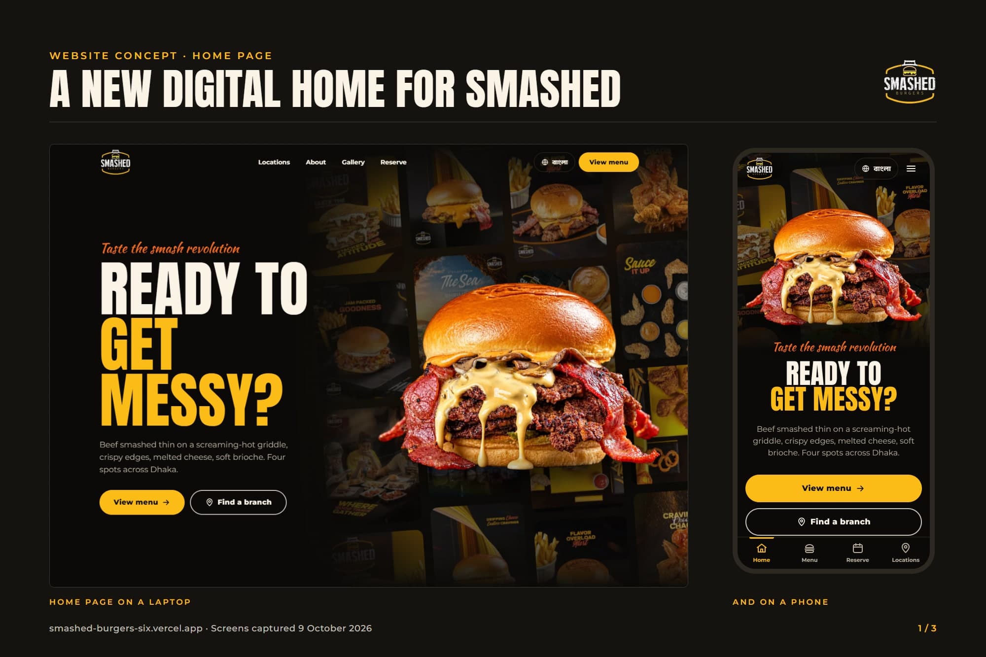 Presentation board: the Smashed Burgers home page on a laptop and on a phone, headed “Ready to get messy?” beside a burger.
