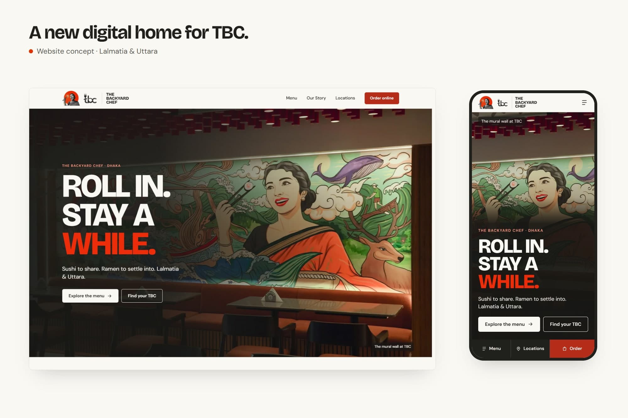 Presentation board: the TBC home page on a laptop and on a phone, headed “Roll in. Stay a while.” over the restaurant’s mural.