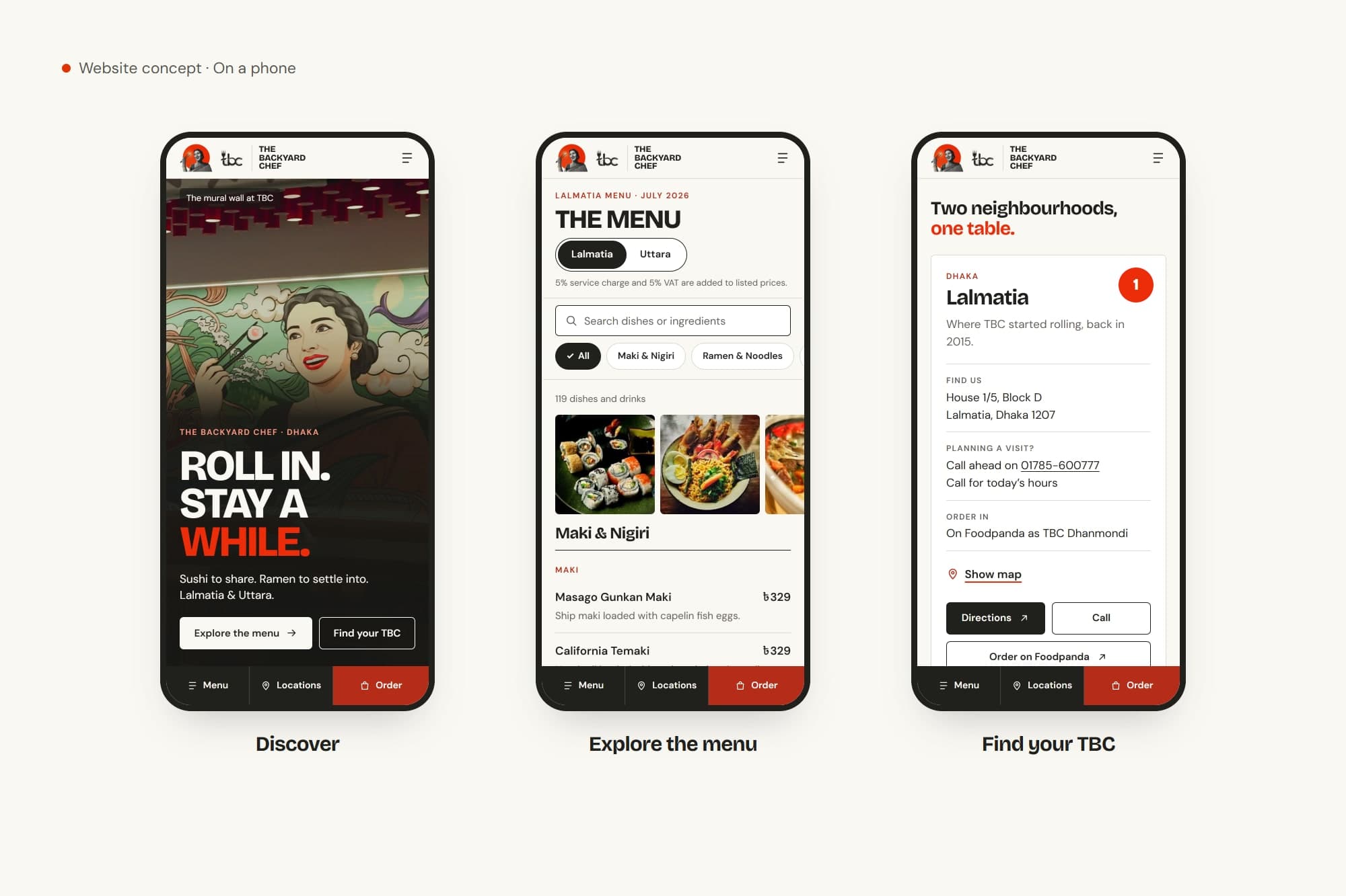 Presentation board: three phone screens from TBC, the home page, the searchable menu and the Lalmatia location card.
