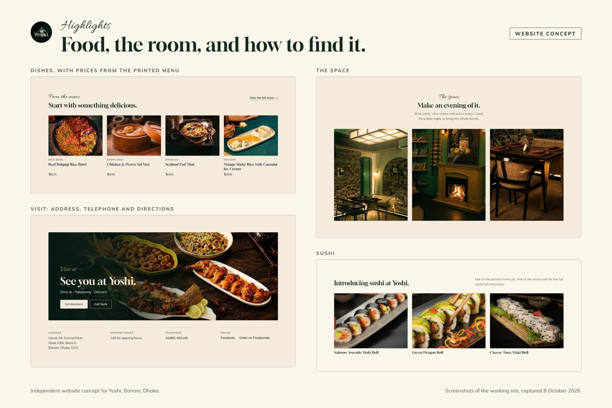 Presentation board: sections of the Yoshi site, dishes with prices, the dining room, the visit block and the sushi selection.
