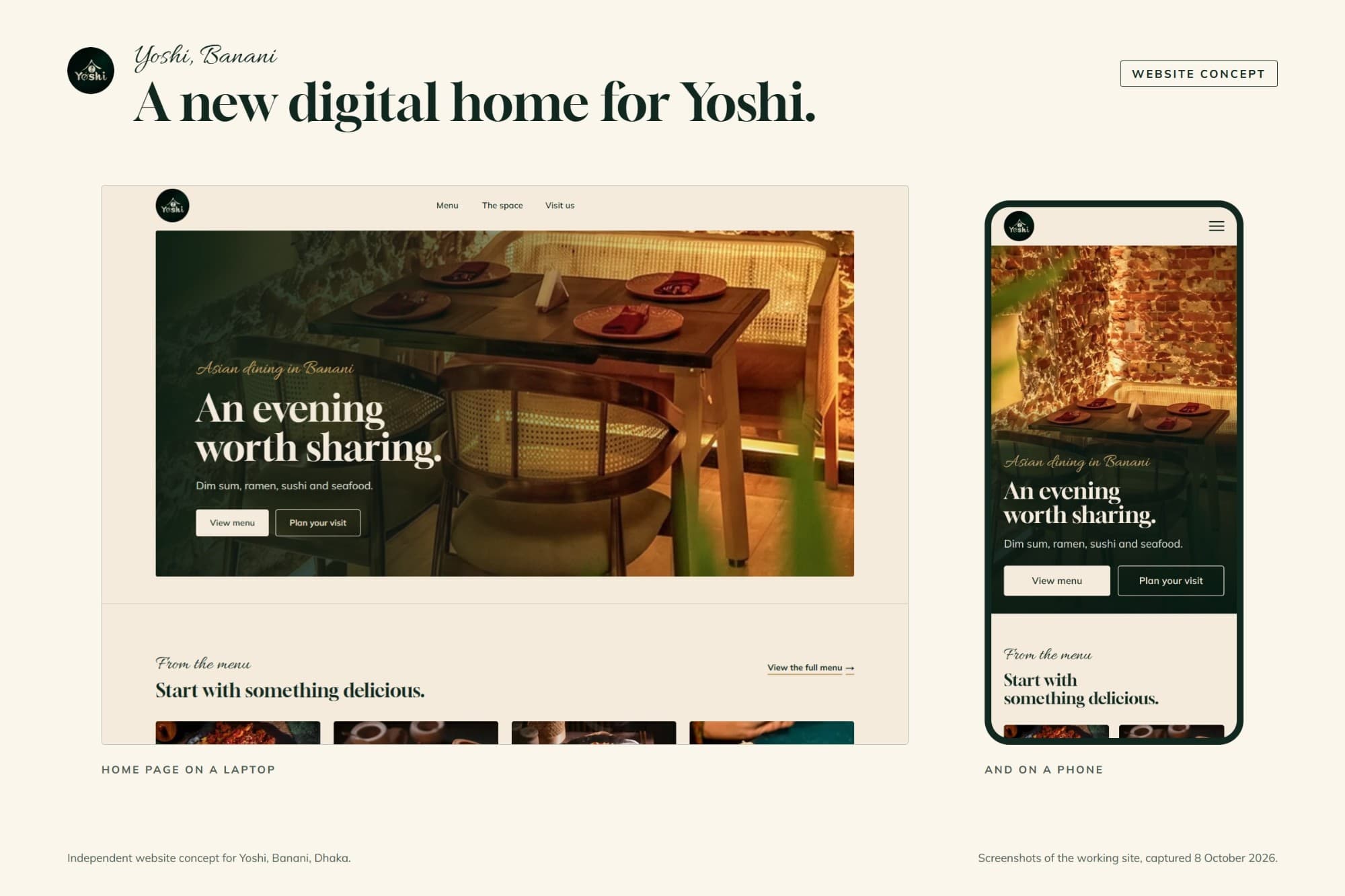 Presentation board: the Yoshi home page on a laptop and on a phone, headed “An evening worth sharing.”
